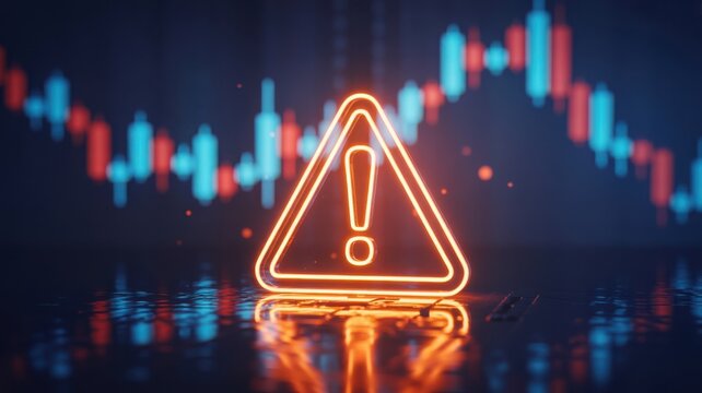 Glowing warning sign with stock market graph for financial risk and market volatility concept