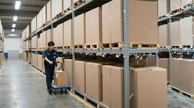Japanese warehouse worker picking cardboard boxes in a storage aisle