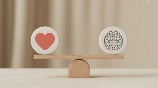 Balanced heart and brain on wooden seesaw against neutral background.