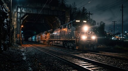 Fototapeta premium Powerful Freight Train Illuminated at Night on Tracks.