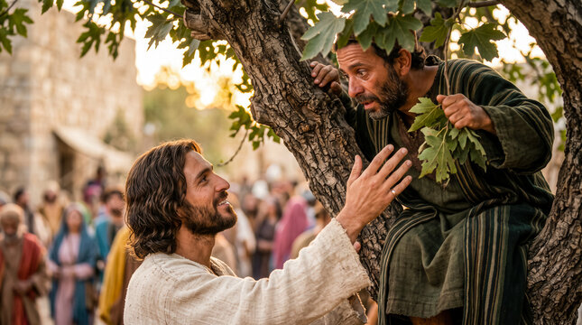 Zacchaeus on tree branch looking at Jesus.