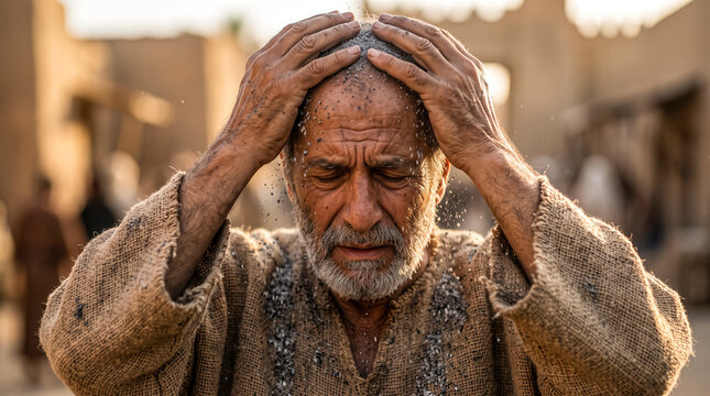Mordecai dressed in coarse sackcloth scatters ashes over his head.