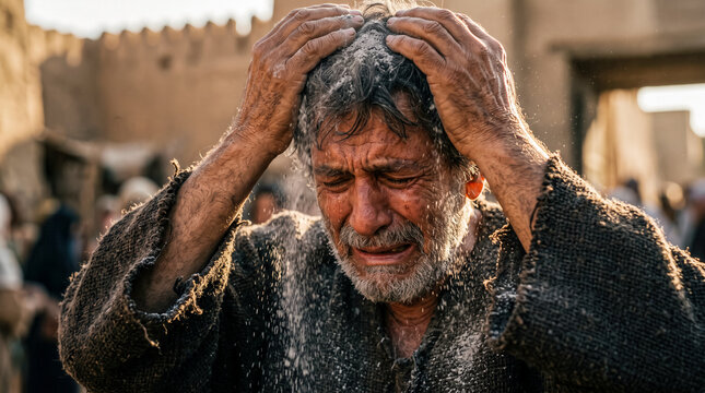Mordecai dressed in coarse sackcloth scatters ashes over his head.