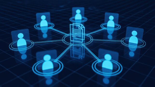 Virtual file sharing network with user icons in a blue digital space.