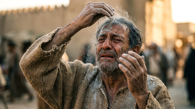 Mordecai dressed in coarse sackcloth scatters ashes over his head.