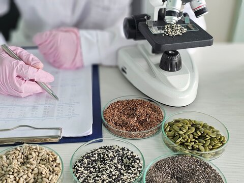 Research on various seeds in a lab setting with a microscope and data analysis concept