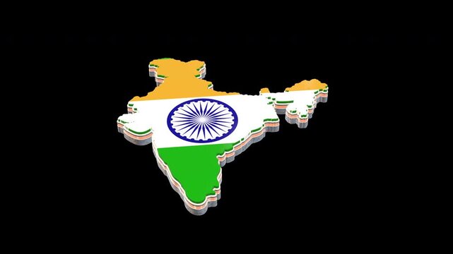 India 3d map with national flag texter animation on black background.