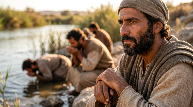 Gideon observing his men as they drink water from the river during God's test.