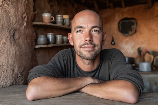 Man with shaved head on rustic kitchen counter smiling with tired eyes, emotional ambiguity