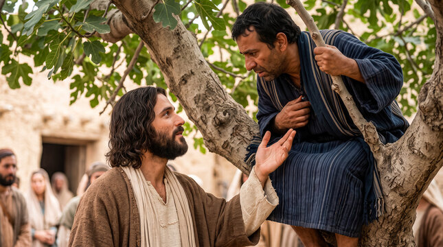 Zacchaeus on tree branch looking at Jesus.