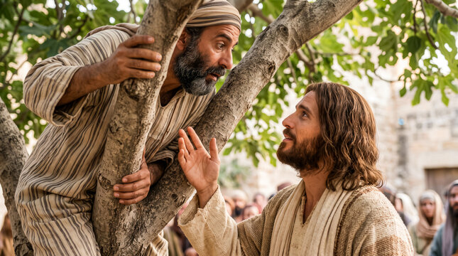 Zacchaeus on tree branch looking at Jesus.