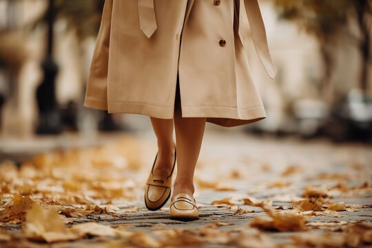 Woman's legs in beige trench coat and loafers walking on path covered with fallen yellow leaves. Classic autumn fashion style