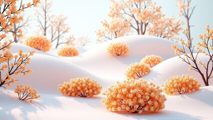 Fototapeta premium Soft hills covered in snow. Orange bushes dot landscape. Minimalist style, pastel colors create serene winter scene.