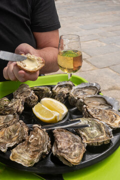 Pairing fresh oysters with Loire Muscadet white crisp, mineral wine; seaside tradition of family growers, simple and communal seaside dining in Saint-Malo, Brittany, Cancale oysters, France