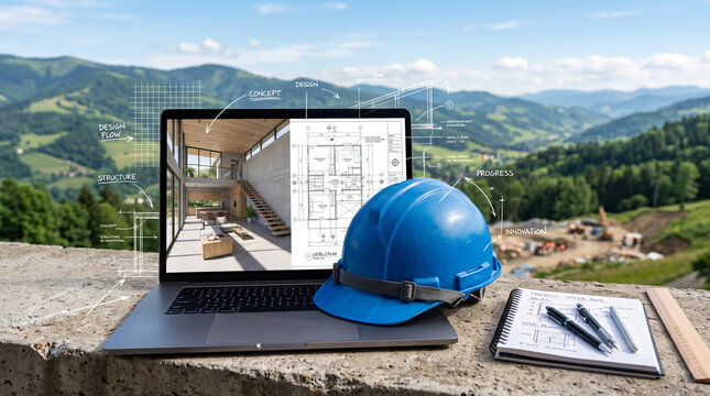 Laptop displaying architectural rendering and blueprints, with a hard hat and notebook, symbolizing construction planning and innovation in a scenic outdoor setting