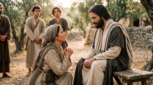The mother of the sons of Zebedee kneels humbly before Jesus.