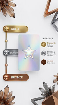 A graphic representation of tiered membership levels - gold, silver, and bronze - with benefits displayed, symbolizing achievement and exclusivity
