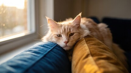 Fluffy cat relaxing on a two-tone couch with warm sunlight © Dmitry