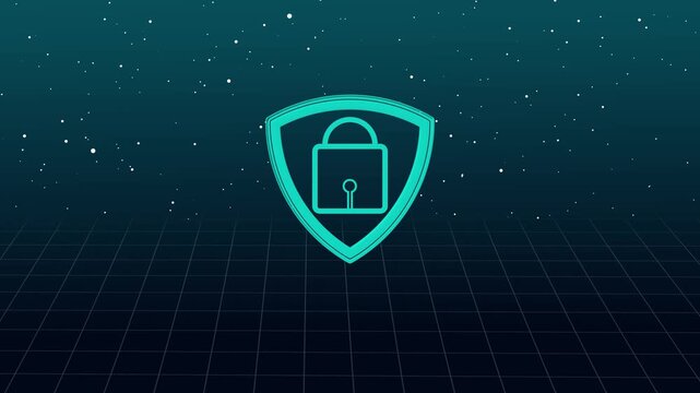 Cyan shield icon features a glowing secure lock emblem in starry space. Digital protection network surrounds the shield icon. Cyber defense guards the shield icon.