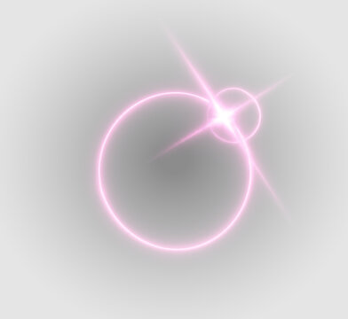 Radiant pink lens flare PNG transparent overlay with luminous circular halo and star sparkle, on transparent background