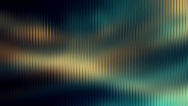 Abstract textured background with vertical ribbed glass and bokeh lights in deep teal and gold hues for design