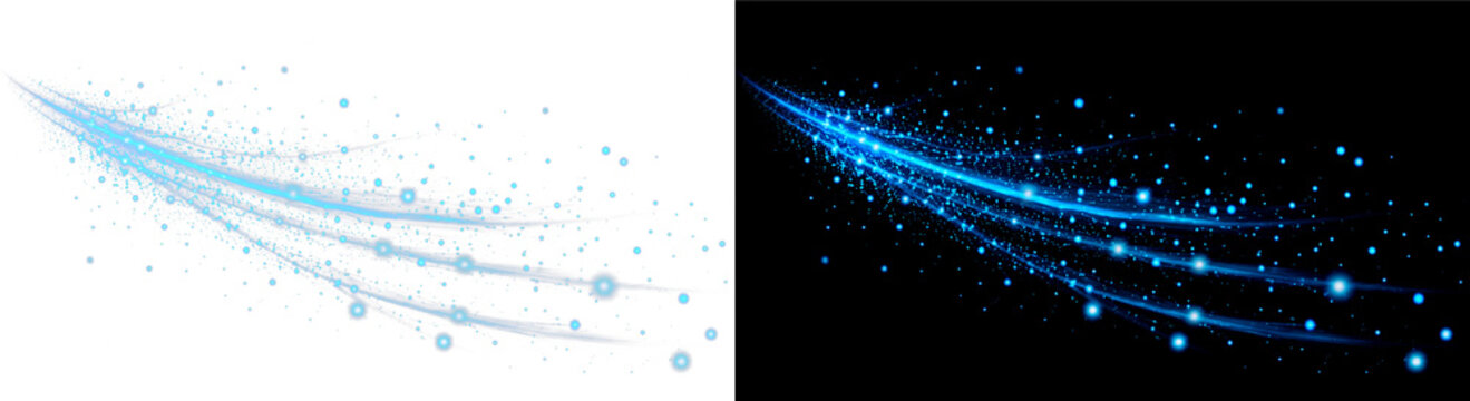 Flowing blue light leak PNG transparent overlay with radiant sparkling light streaks, on transparent background