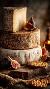 Cheese Tower with Fresh Fig Slices and Crackers on Wooden Board
