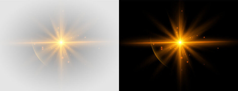 Golden glowing lens flare PNG overlay with radiant optical halo and starburst, on transparent background