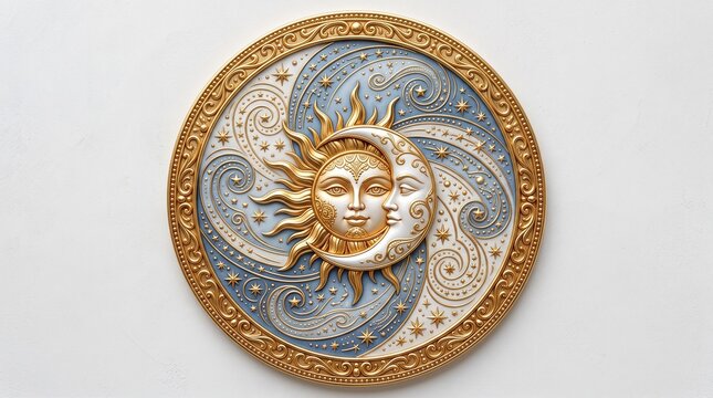 Elegant 3D Relief Sun and Moon Celestial Emblem with Intricate Golden Ornament and Stars