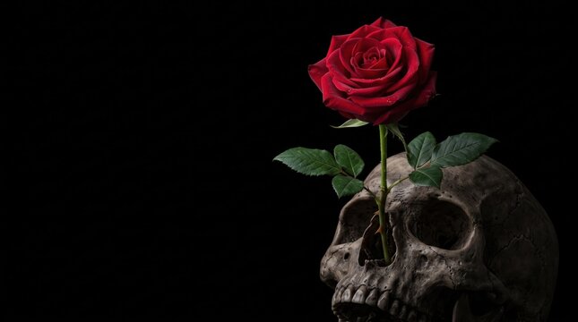 OLED Skull and Red Rose Wallpaper, Dark Gothic Macro Art with Crimson Flower Growing from Bone on Pure Black