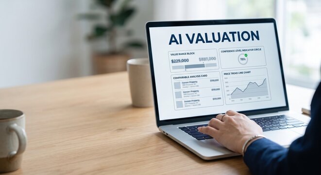 Close up of laptop screen displaying AI property valuation dashboard for real estate investment