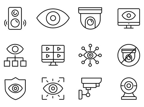 Security surveillance line icons, CCTV monitoring system symbols, 12 vector elements for home protection and digital privacy