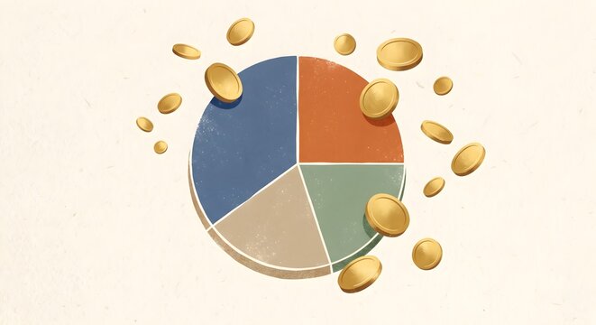 Premium artistic silkscreen print style financial portfolio pie chart on warm ivory paper