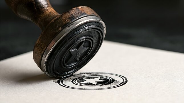 Vintage rubber stamp with star symbol, antique wooden hand stamper on paper, retro ink seal for quality certification