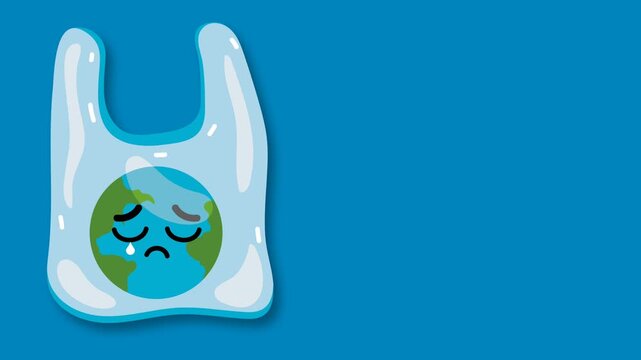 Sad Cartoon Earth Crying Inside Plastic Bag Environmental Pollution Concept Animation.