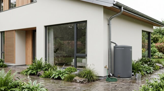 
Rainwater harvesting system at sustainable modern home for water conservation