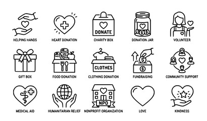 Fototapeta premium Charity and donate thin line icon set with volunteer fundraising and community support vector illustration