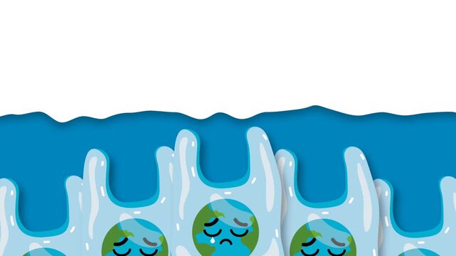 Sad Earth Globes Trapped in Plastic Bags Floating in Polluted Ocean Water.