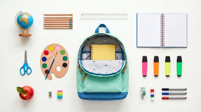School Backpack with Stationery and Educational Supplies Flat Lay