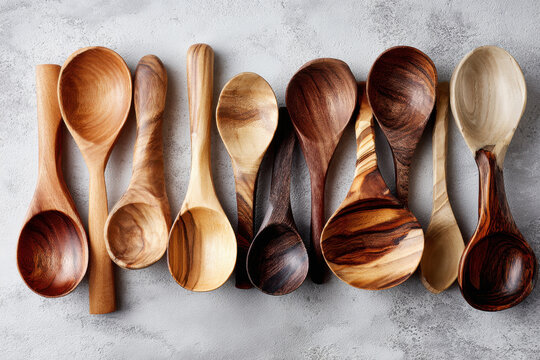 Flat lay collection of diverse handmade wooden spoons with varied wood grain and color on gray stone background overhead