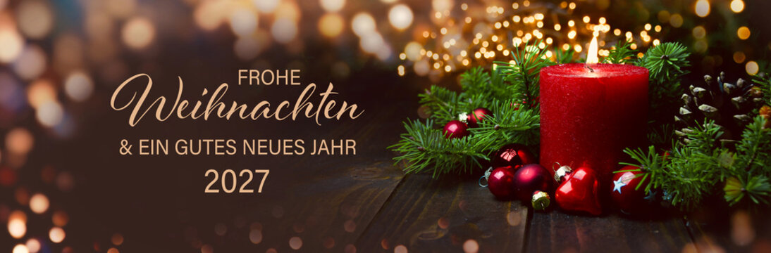 Christmas greeting card with German text Frohe Weihnachten und ein gutes neues Jahr 2027 - Advent Candle with beautiful bokeh lights
