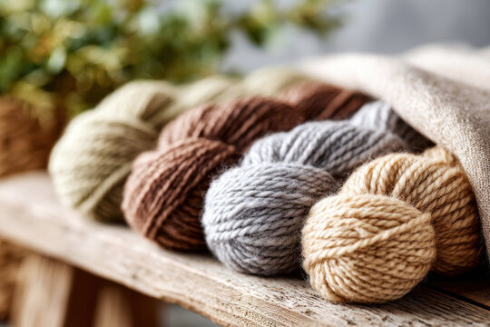 Natural tone wool yarn skeins resting on a rustic wooden surface with soft linen and blurred greenery