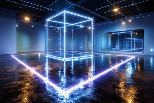 Large glowing white neon cube art installation with purple floor outline reflected on a glossy floor in a contemporary gallery
