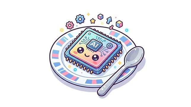 Kawaii AI Microchip on Dinner Plate Illustration
