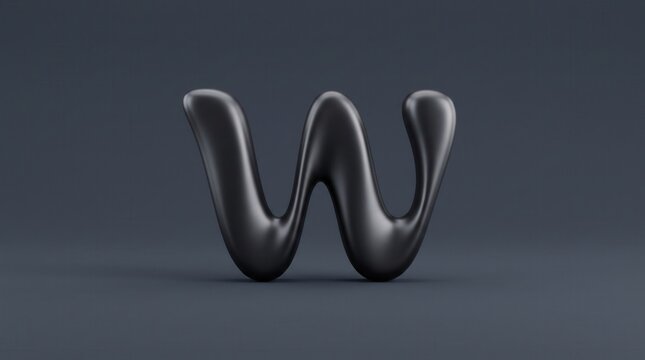 Three-dimensional black letter w with a smooth fluid liquid finish, alphabet