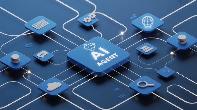 3D isometric AI agent hub connected to data and cloud services