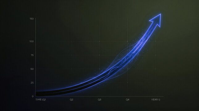 Futuristic glowing upward growth arrow chart showing progress over time period