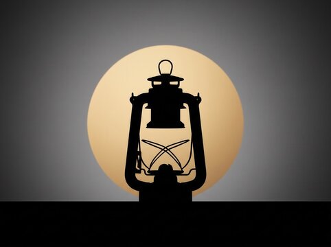 Silhouette of a classic vintage oil lantern glowing against warm light
