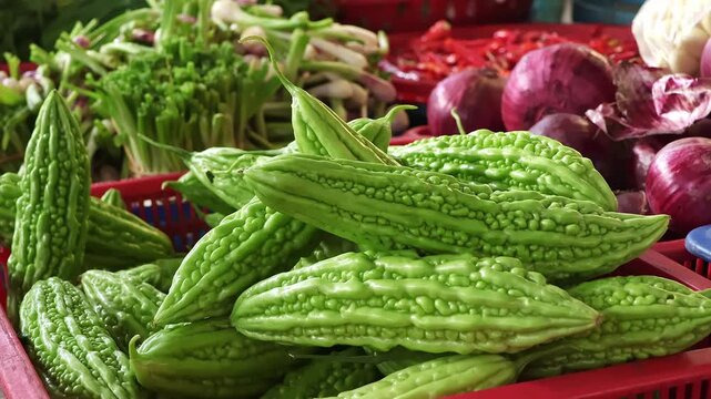 Fresh bitter gourd arranged at a market stall. The textured vegetables show local food culture, healthy eating, fresh ingredients and everyday grocery shopping. Close-up footage