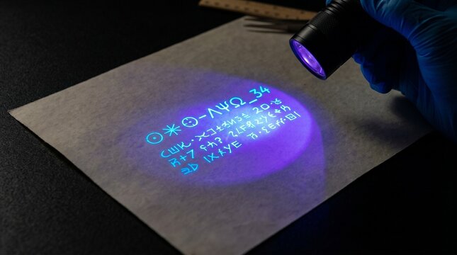 UV Black Light Revealing Glowing Secret Coded Symbols and Cipher Text on Paper During Forensics Investigation